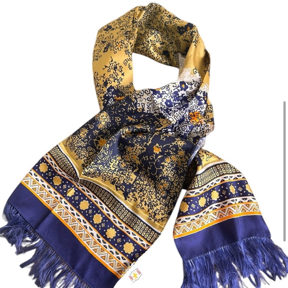 Yellow and Blue Patterned 100% Pure Silk Scarf with Fringe Detailing